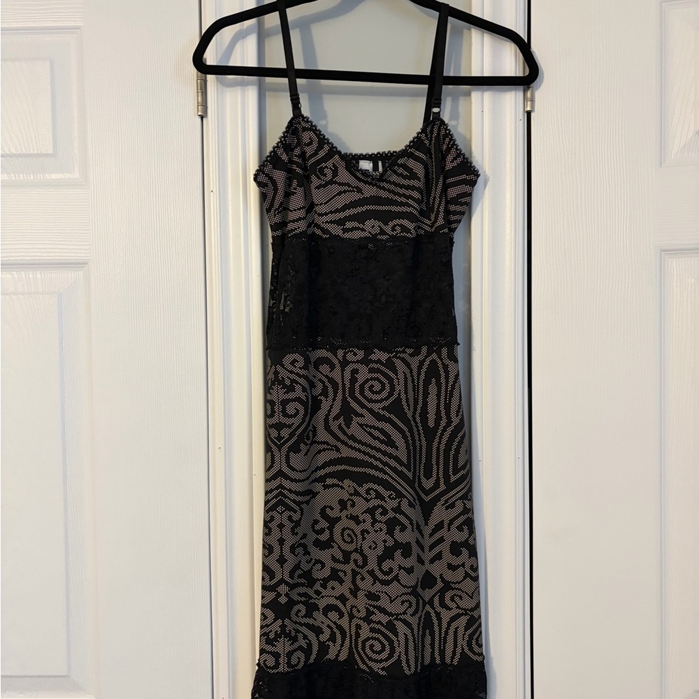 Possessed Clothing Company Black and Taupe Patterned Lace-Trim Slip Dress XS